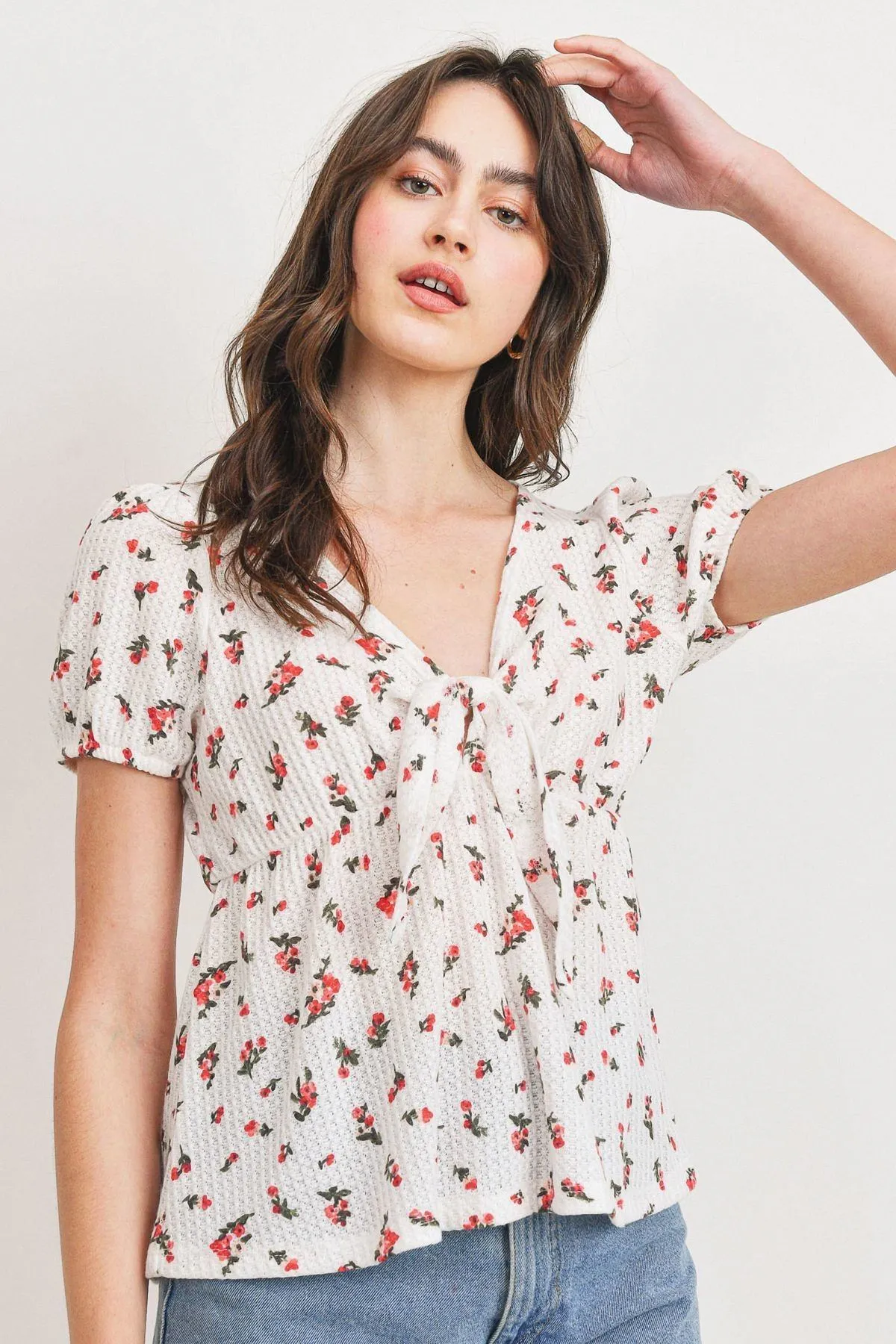 Women's Front Tie Floral Waffle Top