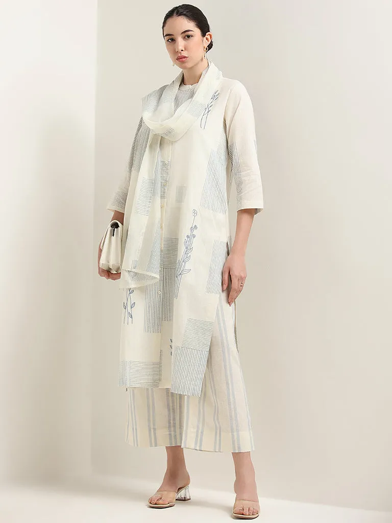 Zuba Off-White Mid-Rise Striped Blended Linen Pants