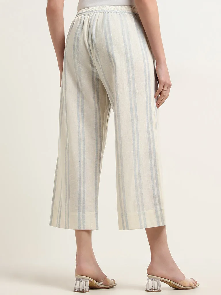 Zuba Off-White Mid-Rise Striped Blended Linen Pants